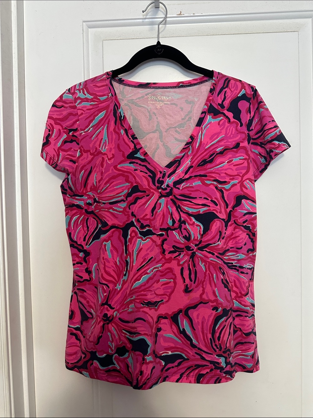 Lilly Pulitzer Hot Pink Floral V-Neck Short Sleeve Tee